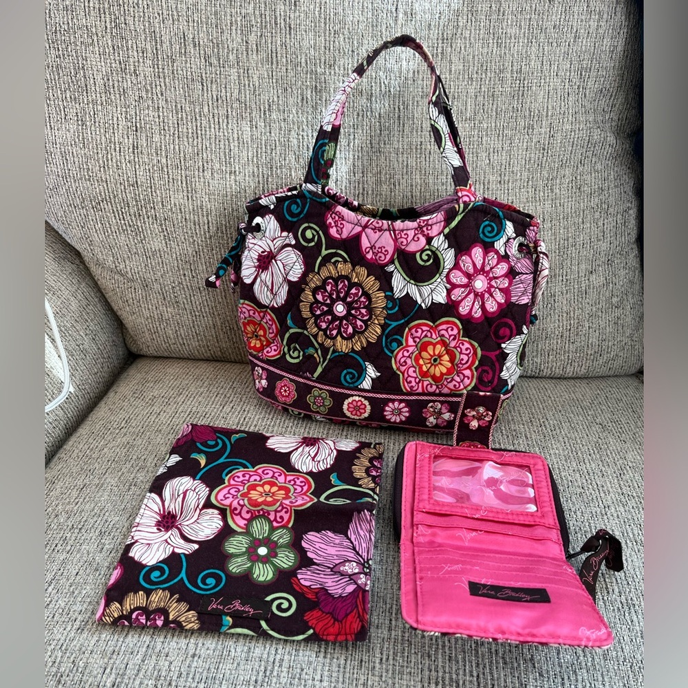 Vera Bradley Brown Floral Quilted Tote with Pink Accents